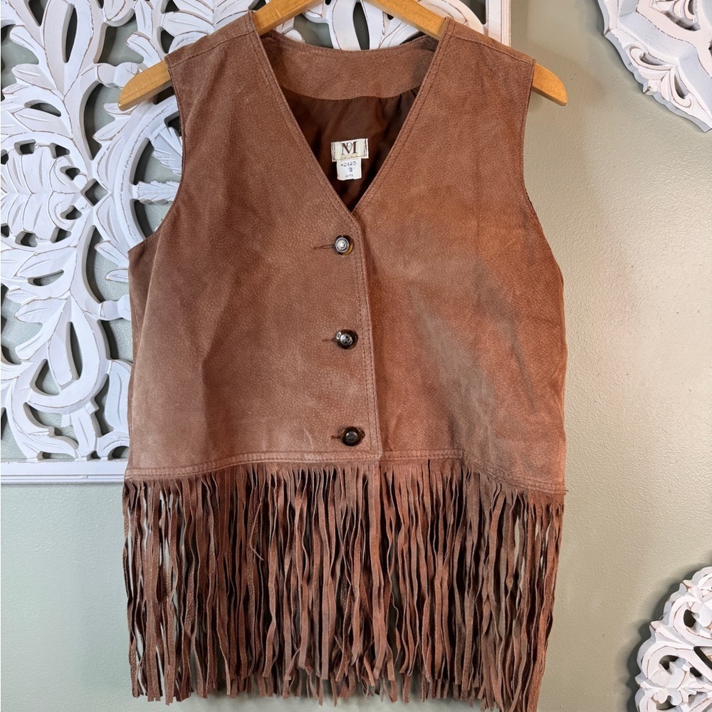 Vintage DM Sportswear Leather Fringe Vest Small Union Made in Canada Brown